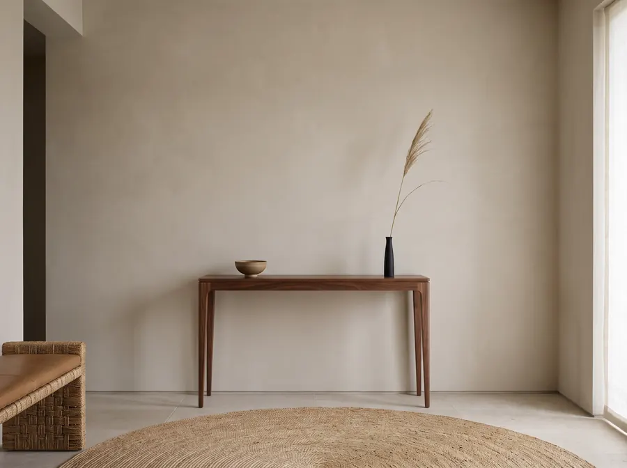 The print shown to scale in a black frame above a walnut console in an entry hall