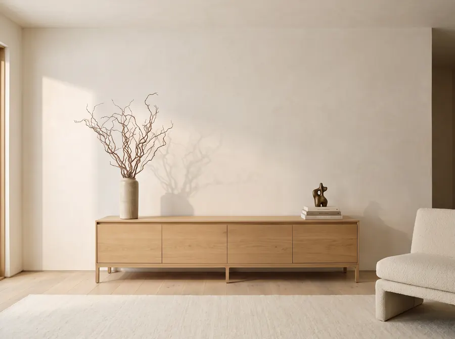 The print shown to scale in a black frame above a credenza in a light living room